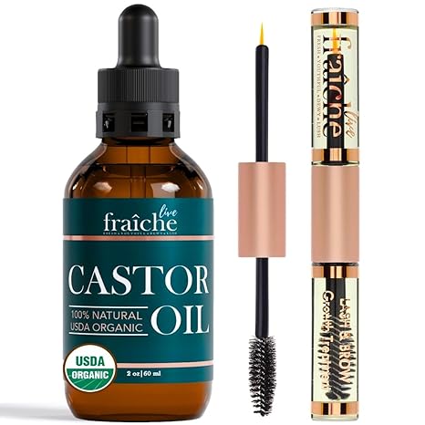 Organic Castor Oil Lash Serum for Hair Growth, 100% Pure Eyebrow Eyelash Growth Serum, Cold Pressed Hexane Free (2oz Glass Bottle + FILLED Mascara Tube)
